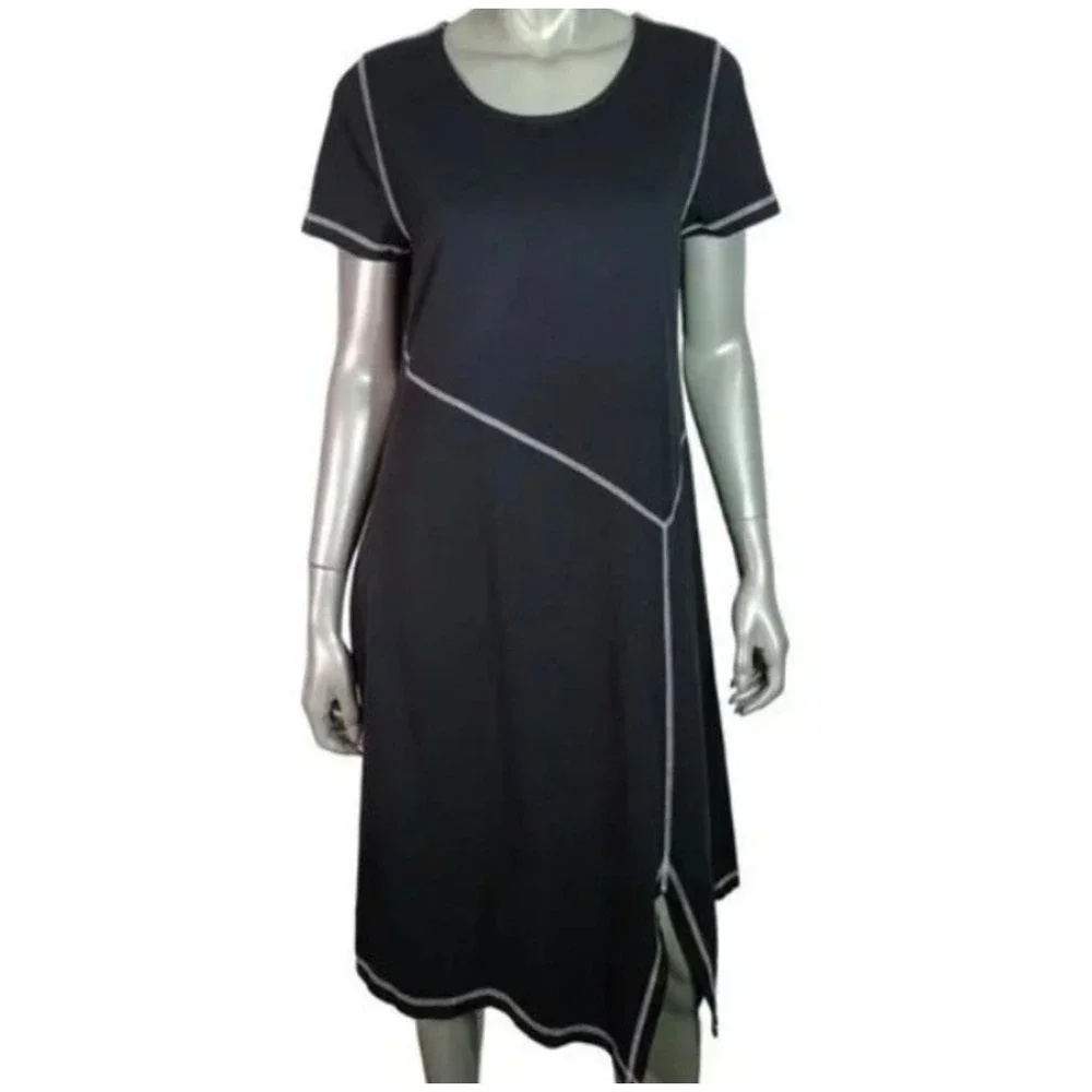 Soft Surroundings Exposed Seam Asymmetrical Short Sleeve Jersey Dress Black S